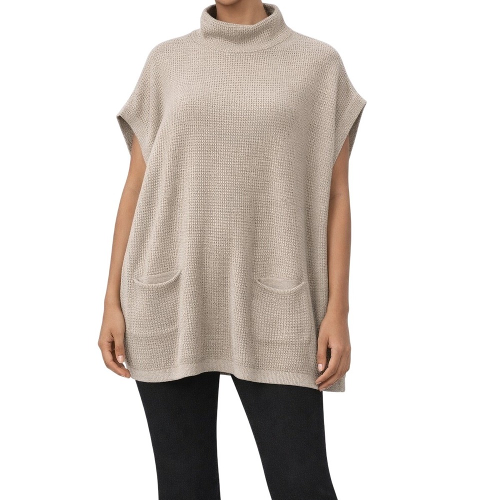 Alaya Womens Tan Waffle Knit Oversized Poncho Sweater Mock Neck Beige SM